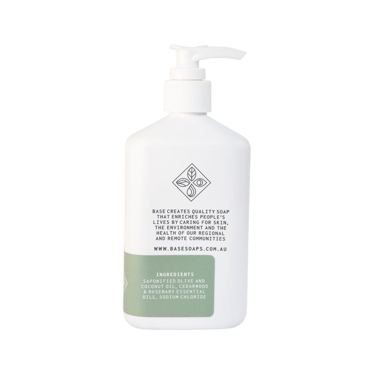 Base (Soap With Impact) Hand Wash Cedarwood & Rosemary 250ml bottle. Back.