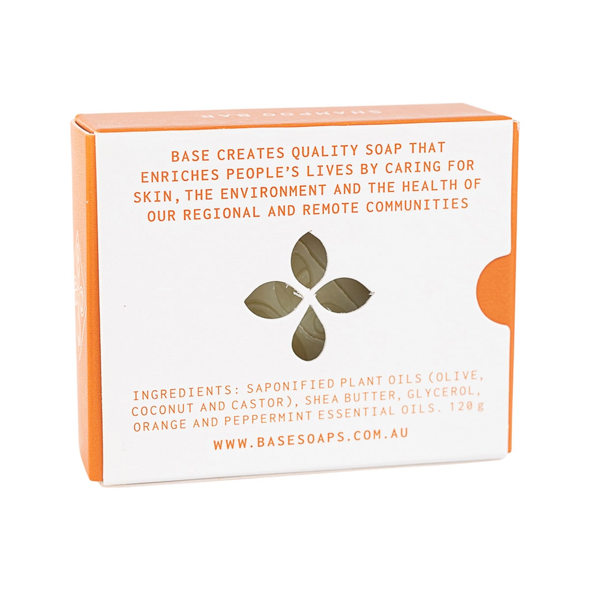 Base (Soap With Impact) Shampoo Bar 120g box. Back.