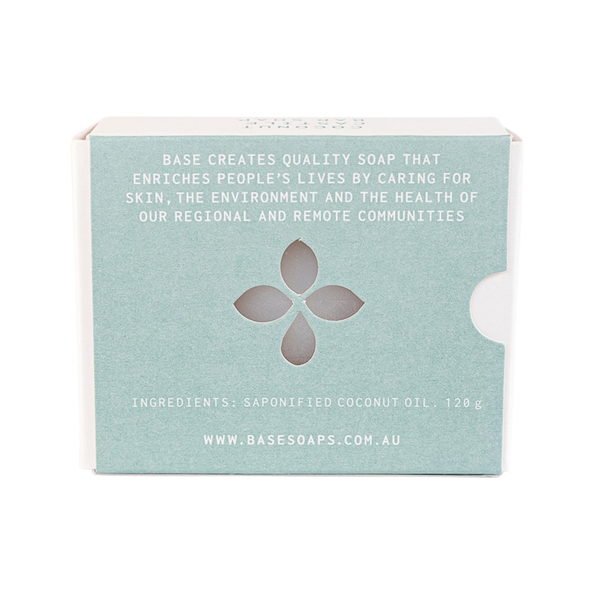 Base (Soap With Impact) Soap Bar Coconut Castile 120g box. Back.