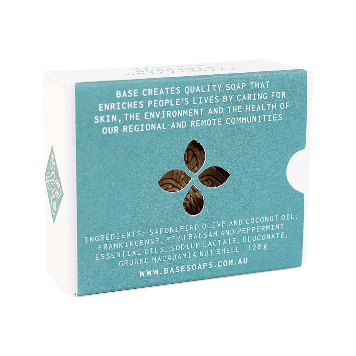 Base (Soap With Impact) Soap Bar Exfoliating Mintwood 120g box. Back.