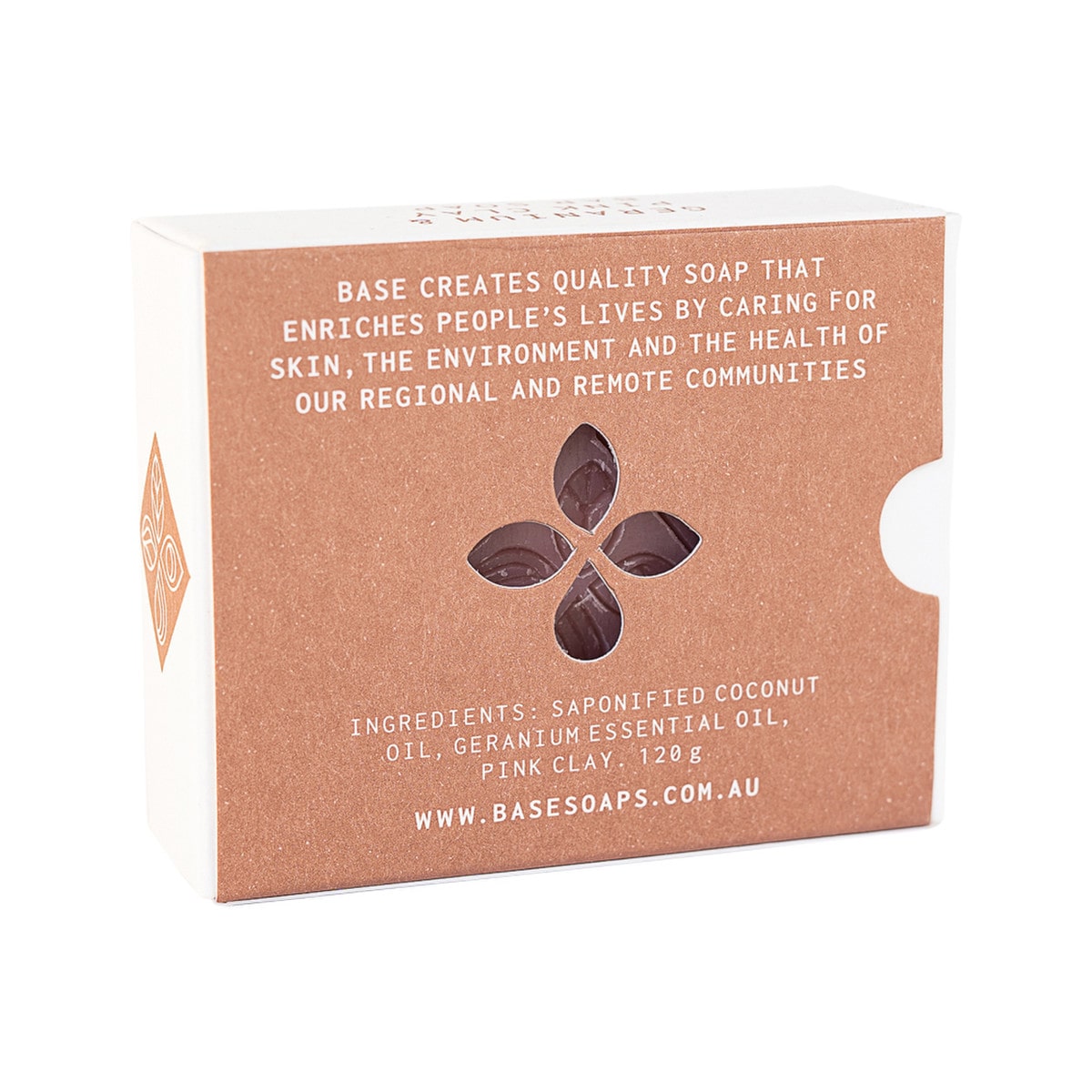 Base (Soap With Impact) Soap Bar Geranium & Pink Clay 120g box. Back.