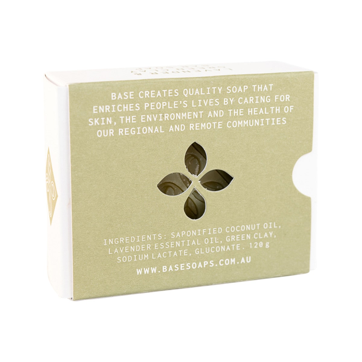 Base (Soap With Impact) Soap Bar Lavender & Green Clay 120g box. Back.
