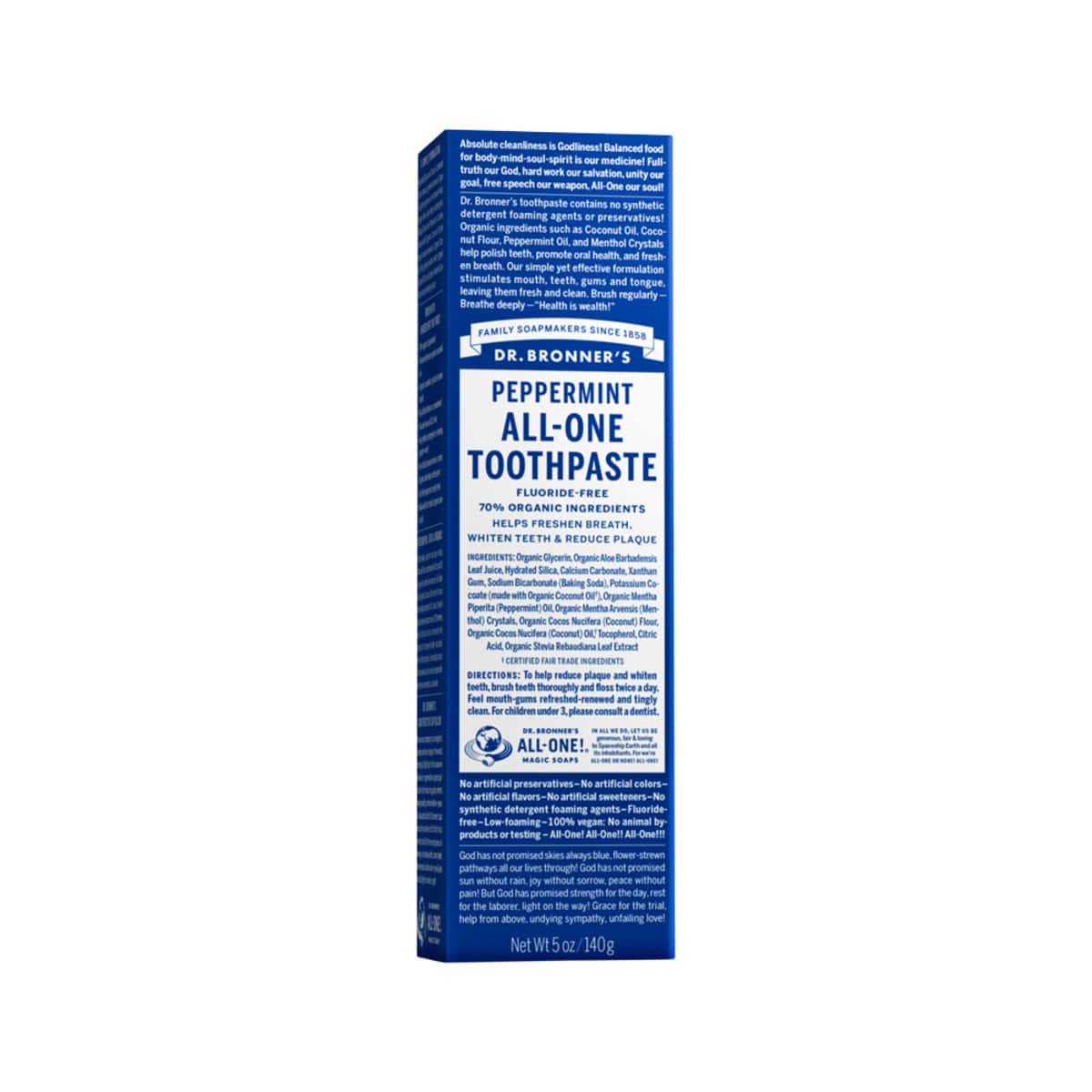 Dr. Bronner's All-One Toothpaste Peppermint 140g box.