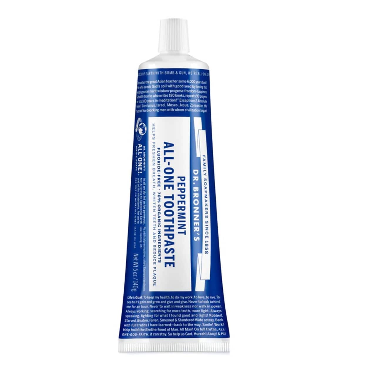 Dr. Bronner's All-One Toothpaste Peppermint 140g tube.