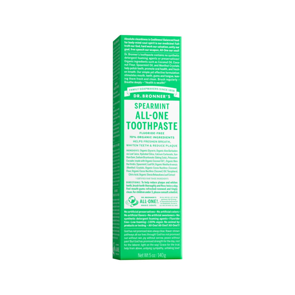 Dr. Bronner's All-One Toothpaste Spearmint 140g box.