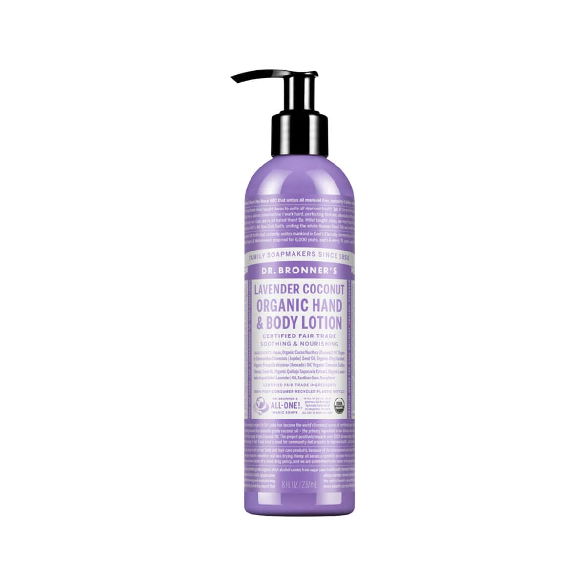 Dr. Bronner's Organic Hand & Body Lotion Lavender Coconut 237ml bottle.