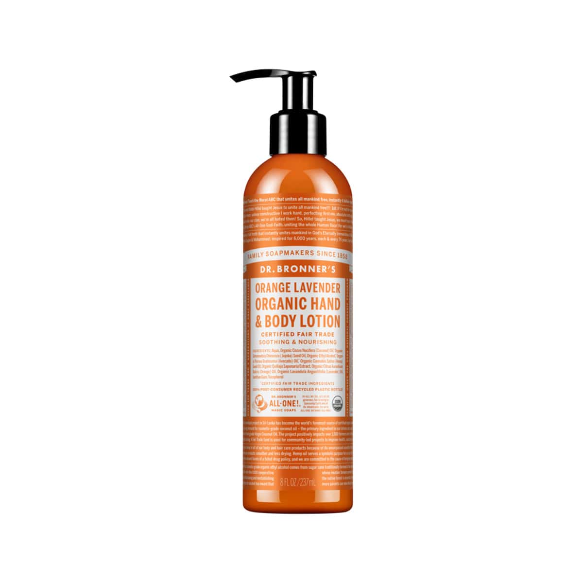 Dr. Bronner's Organic Hand & Body Lotion Orange Lavender 237ml bottle.