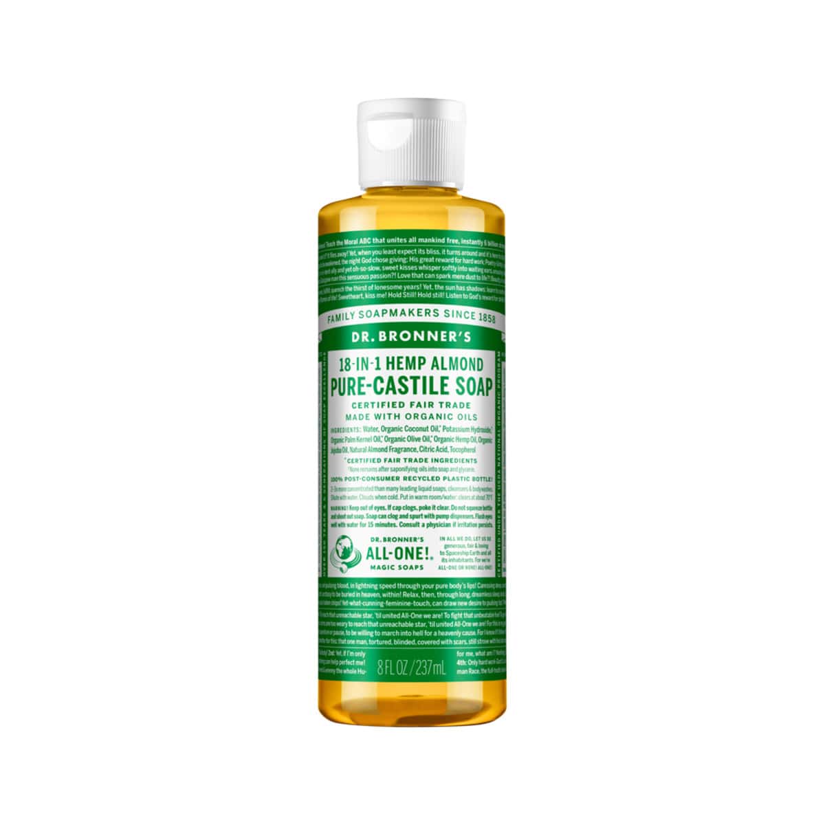 Dr. Bronner's Pure-Castile Soap Liquid (Hemp 18-in-1) Almond 237ml bottle. Front.