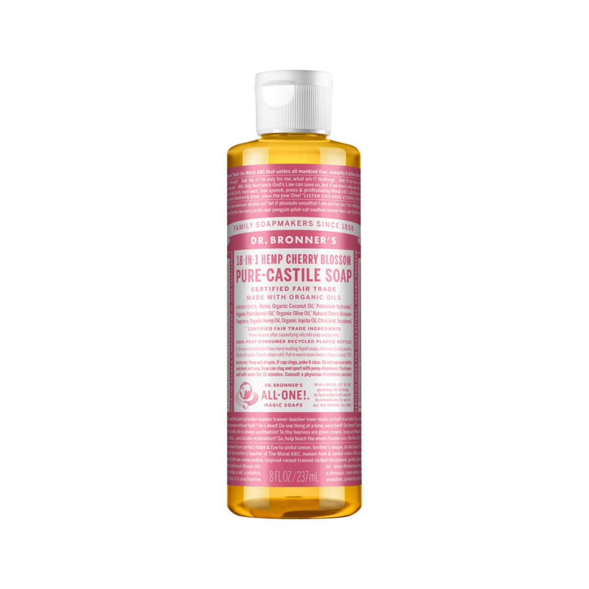 Dr. Bronner's Pure-Castile Soap Liquid (Hemp 18-in-1) Cherry Blossom 237ml bottle. Front.