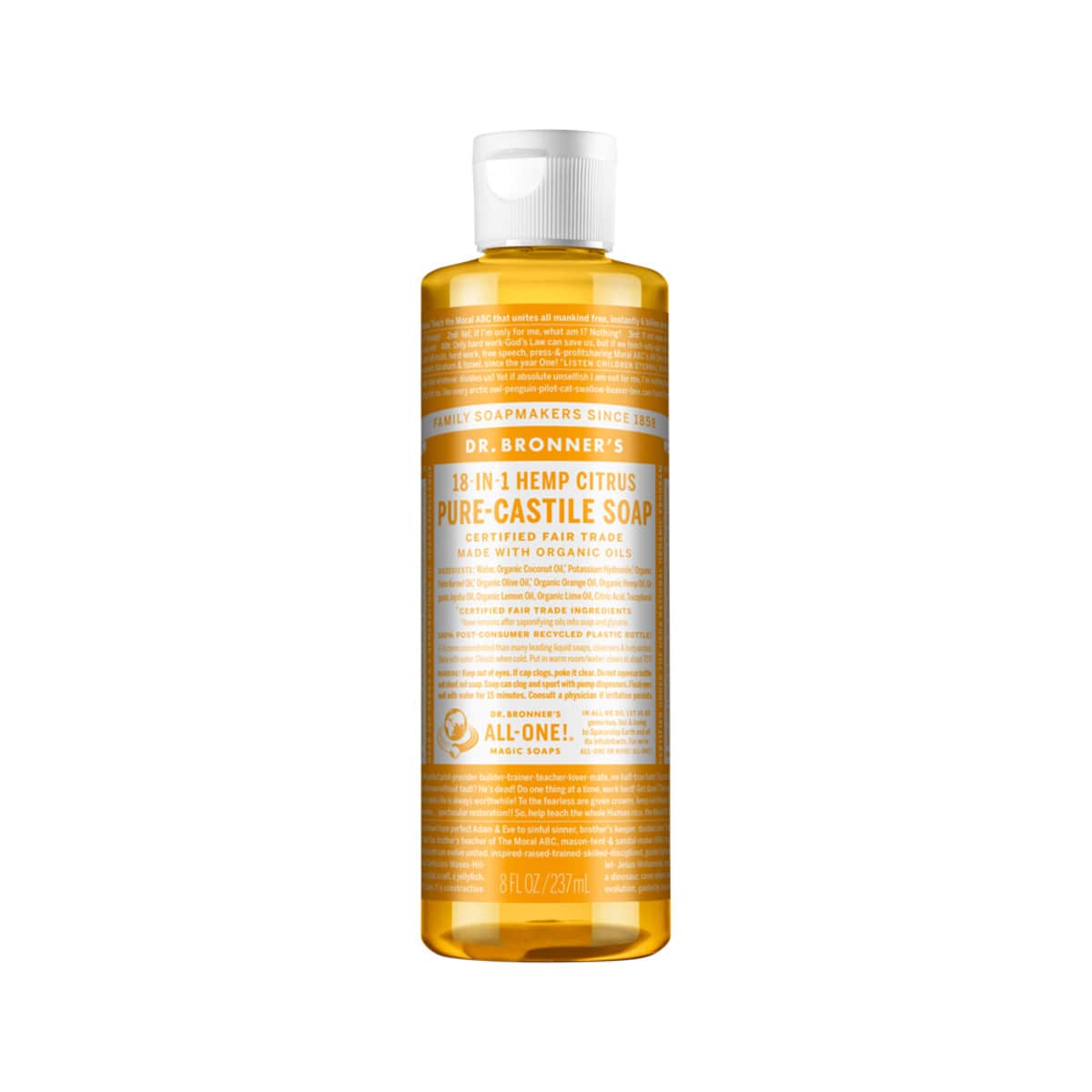 Dr. Bronner's Pure-Castile Soap Liquid (Hemp 18-in-1) Citrus 237ml bottle. Front.