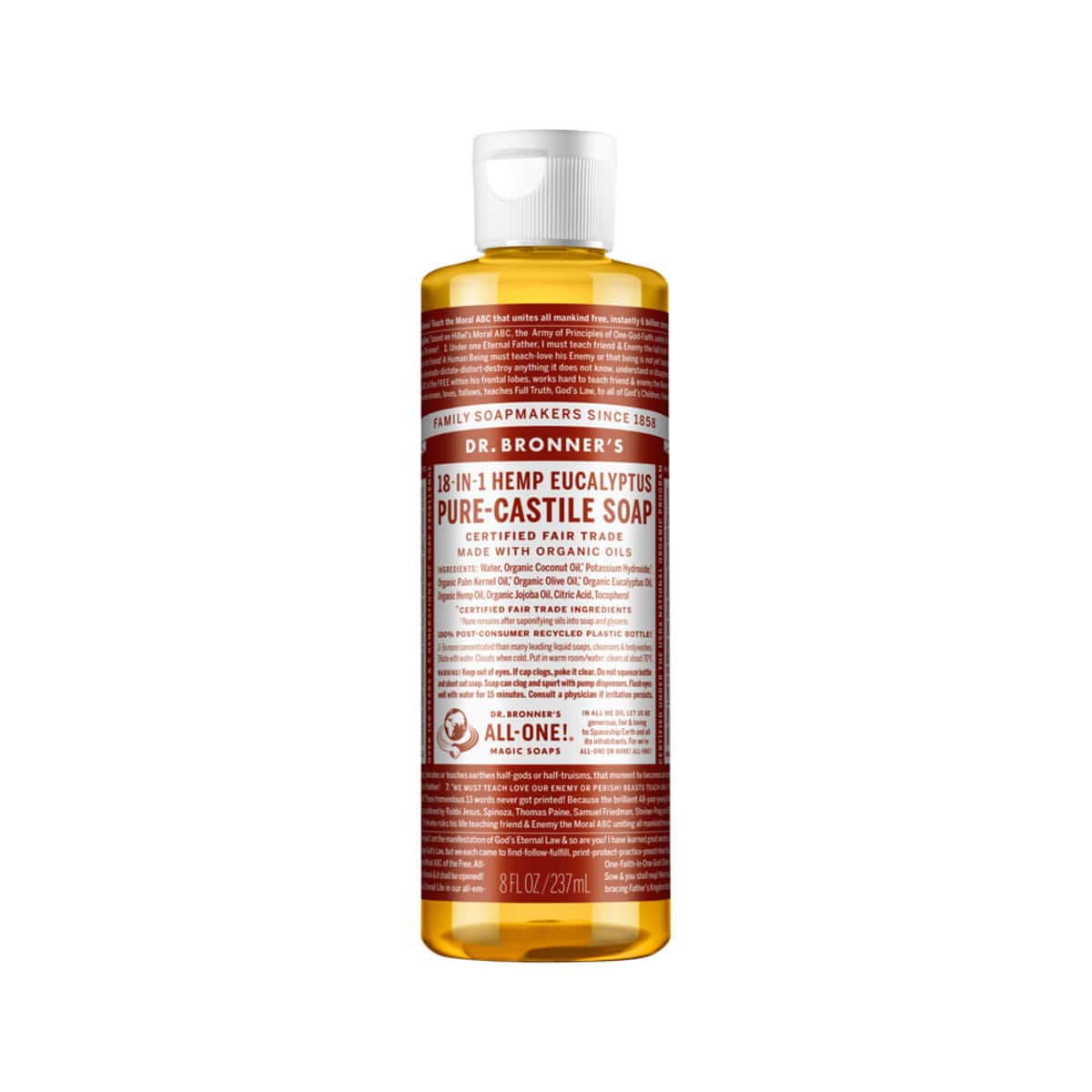 Dr. Bronner's Pure-Castile Soap Liquid (Hemp 18-in-1) Eucalyptus 237ml bottle. Front.