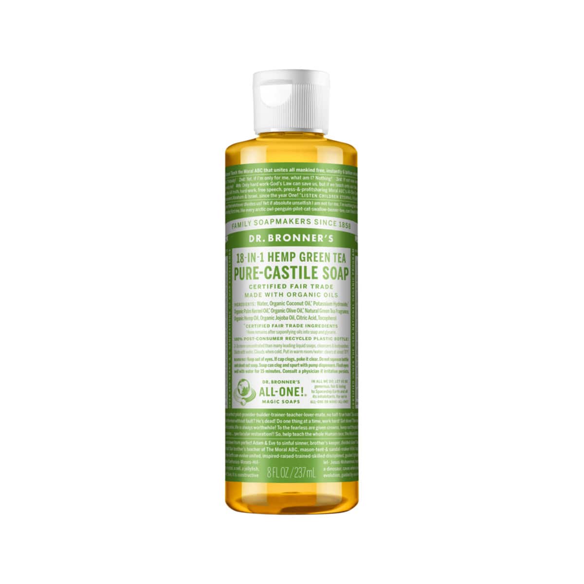 Dr. Bronner's Pure-Castile Soap Liquid (Hemp 18-in-1) Green Tea 237ml bottle. Front.