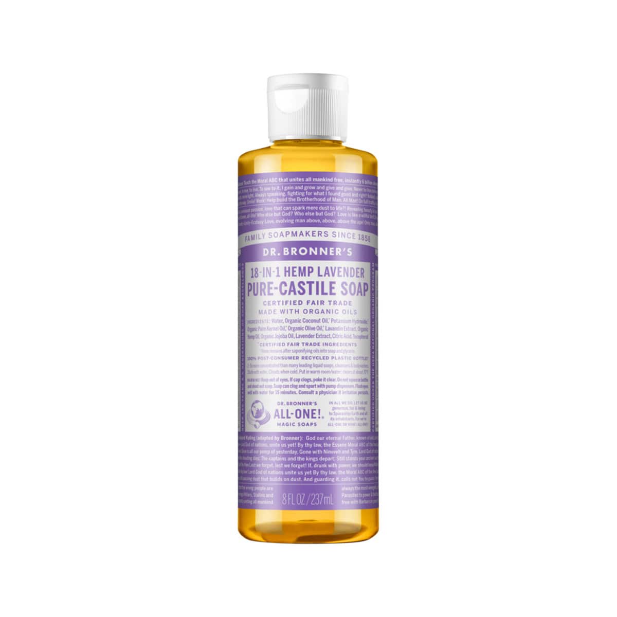 Dr. Bronner's Pure-Castile Soap Liquid (Hemp 18-in-1) Lavender 237ml bottle. Front.