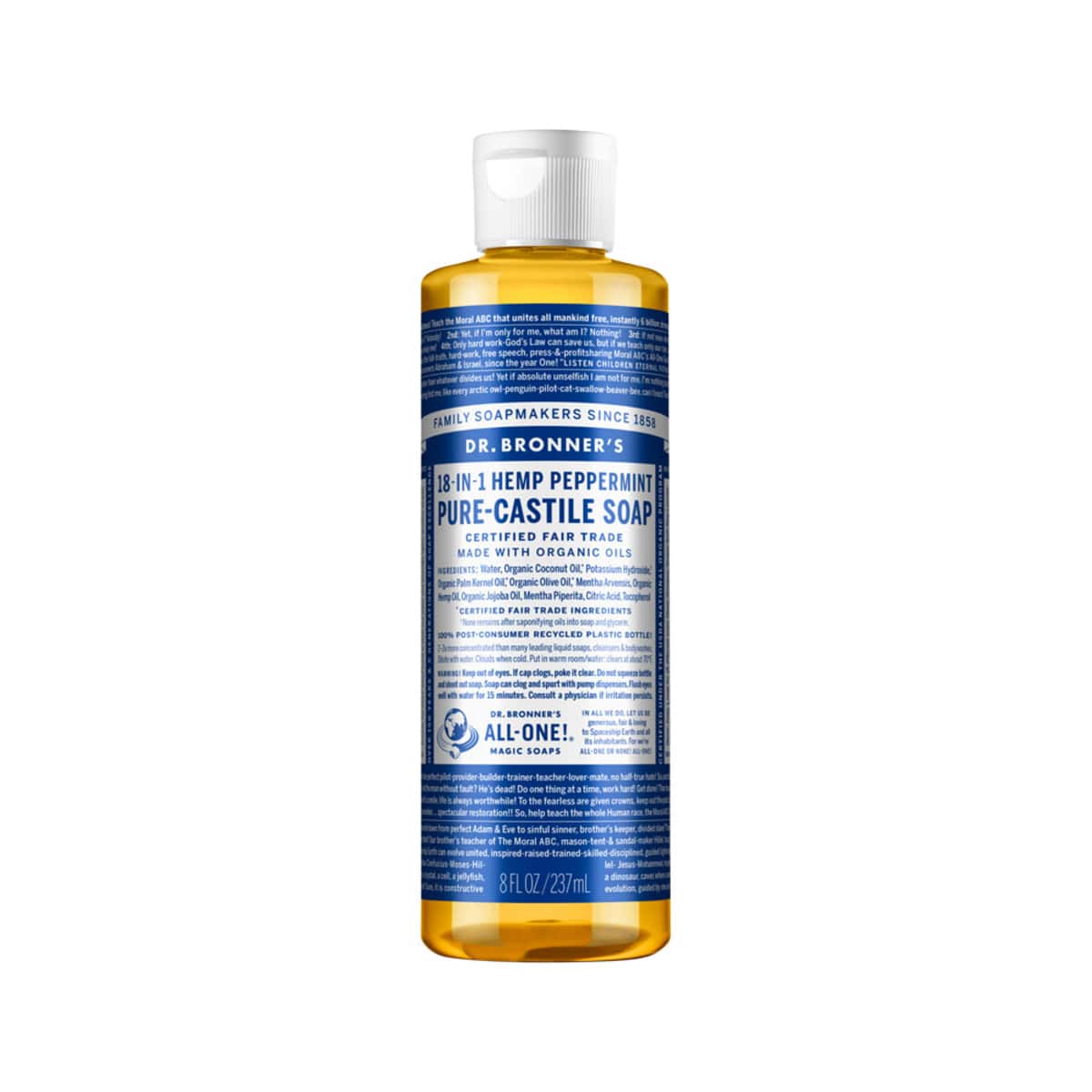 Dr. Bronner's Pure-Castile Soap Liquid (Hemp 18-in-1) Peppermint 237ml bottle. Front.