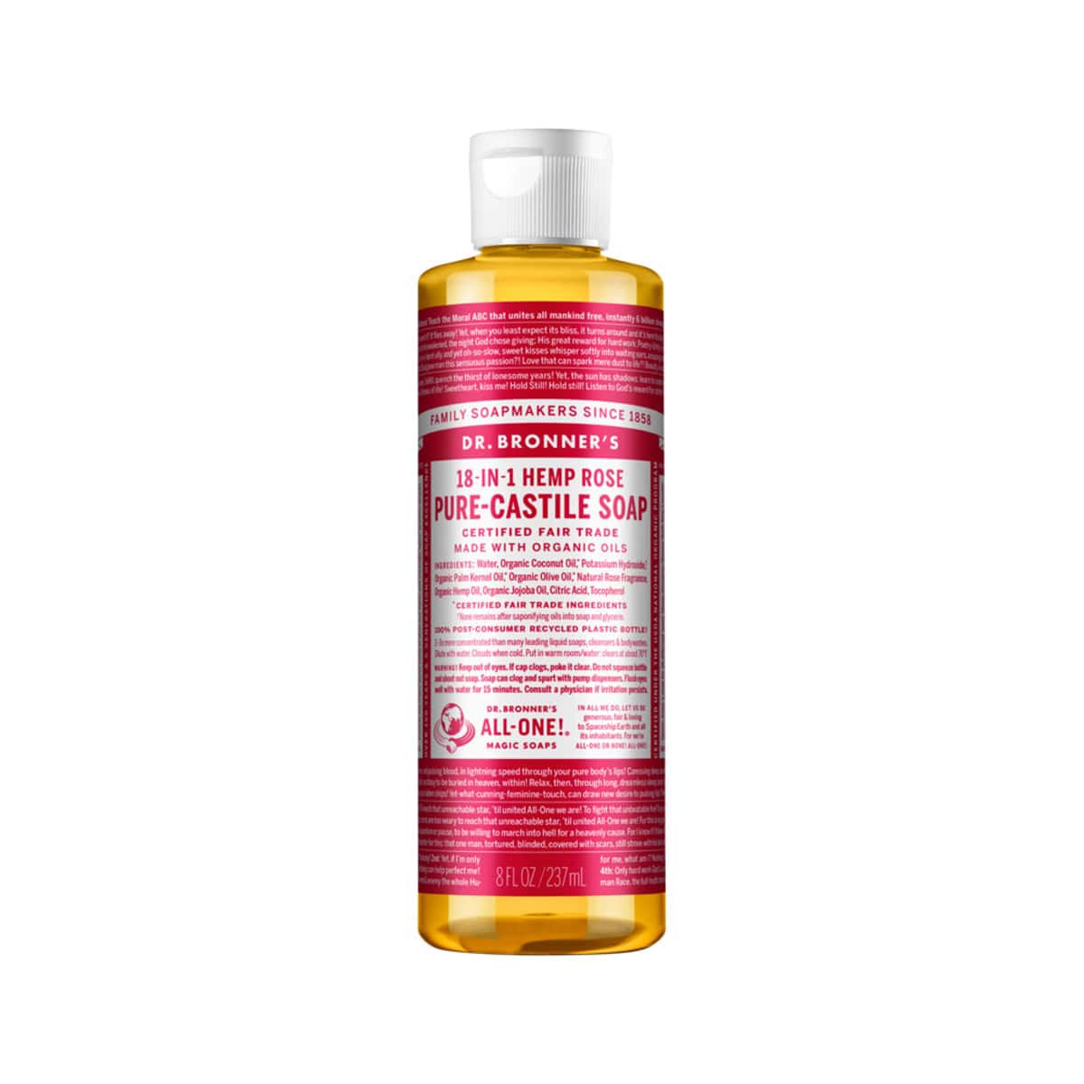 Dr. Bronner's Pure-Castile Soap Liquid (Hemp 18-in-1) Rose 237ml bottle. Front.