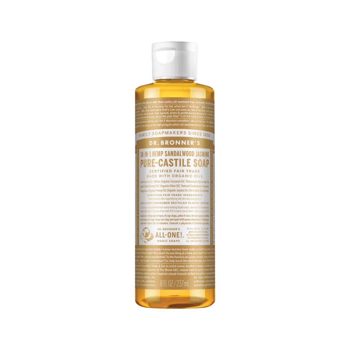 Dr. Bronner's Pure-Castile Soap Liquid (Hemp 18-in-1) Sandalwood Jasmine 237ml bottle. Front.