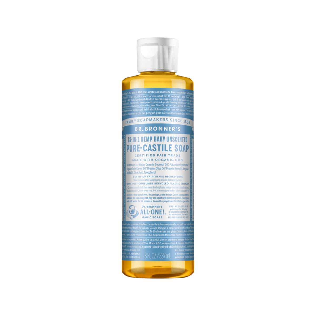 Dr. Bronner's Pure-Castile Soap Liquid (Hemp 18-in-1) Unscented (Baby) 237ml bottle. Front.