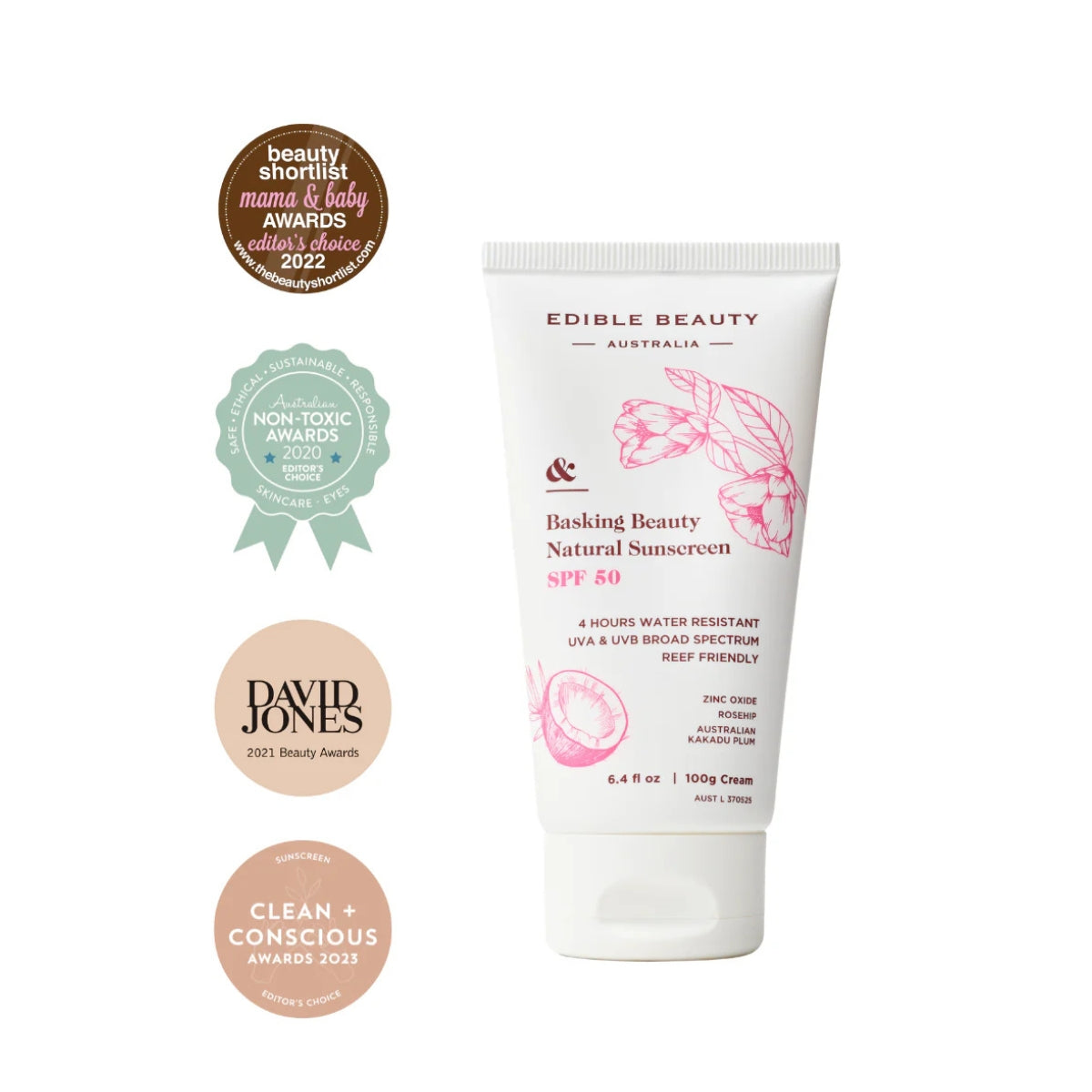 Edible Beauty Australia Basking Beauty Natural Sunscreen SPF50 100g awards