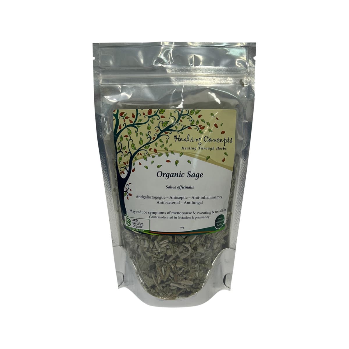 Healing Concepts Organic Sage Tea 40g bag. Front.