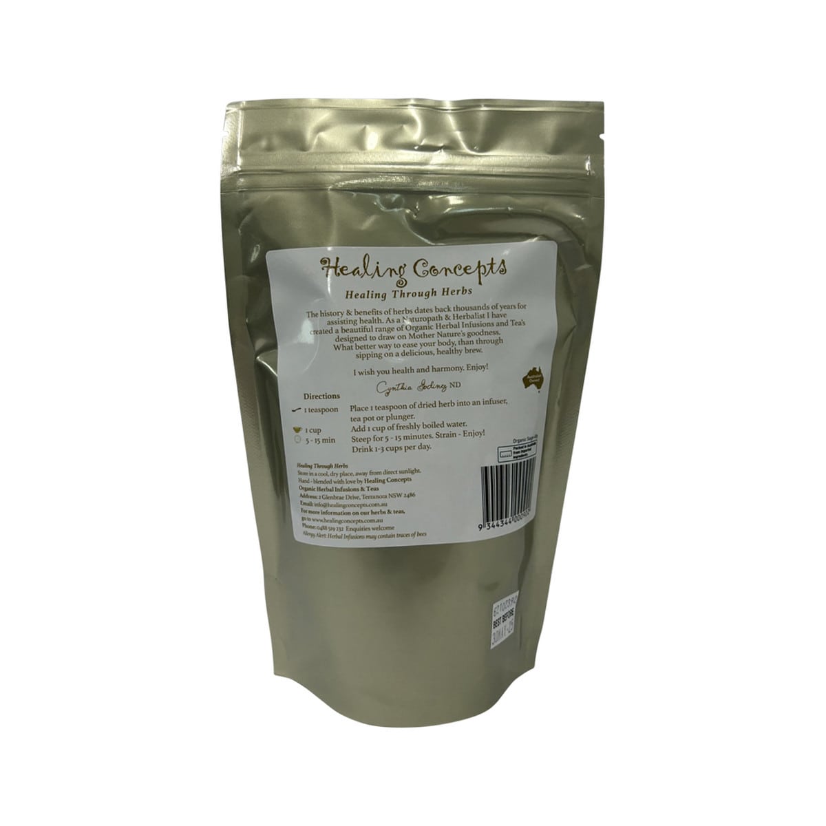 Healing Concepts Organic Sage Tea 40g bag. Back label.