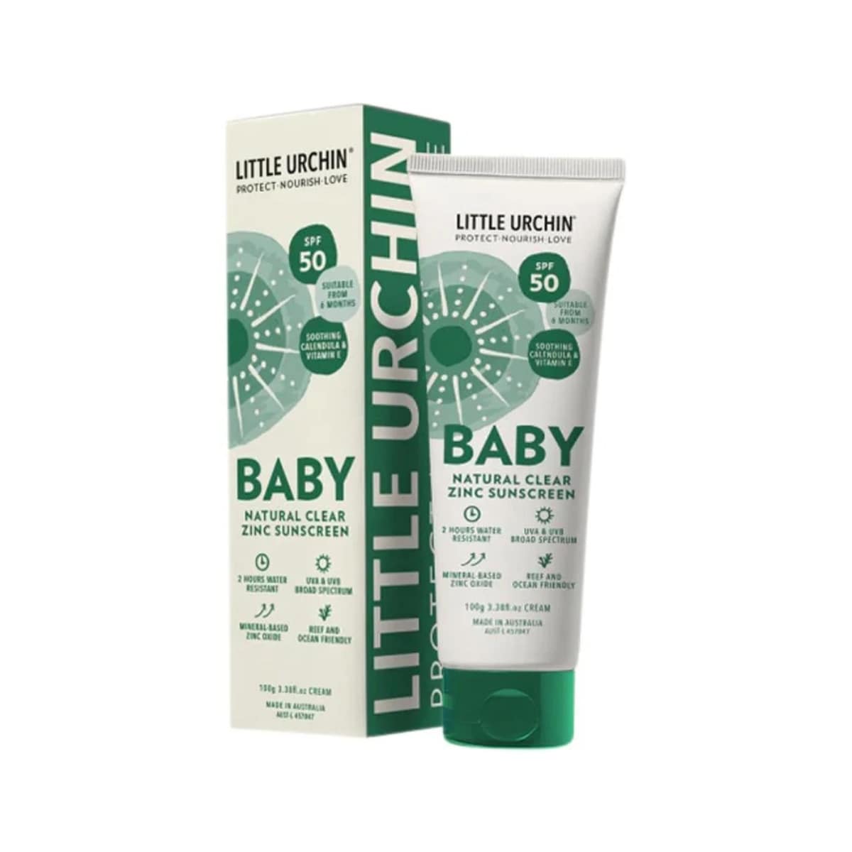 Little Urchin Baby Natural Clear Zinc Sunscreen SPF 50 100g tube and box