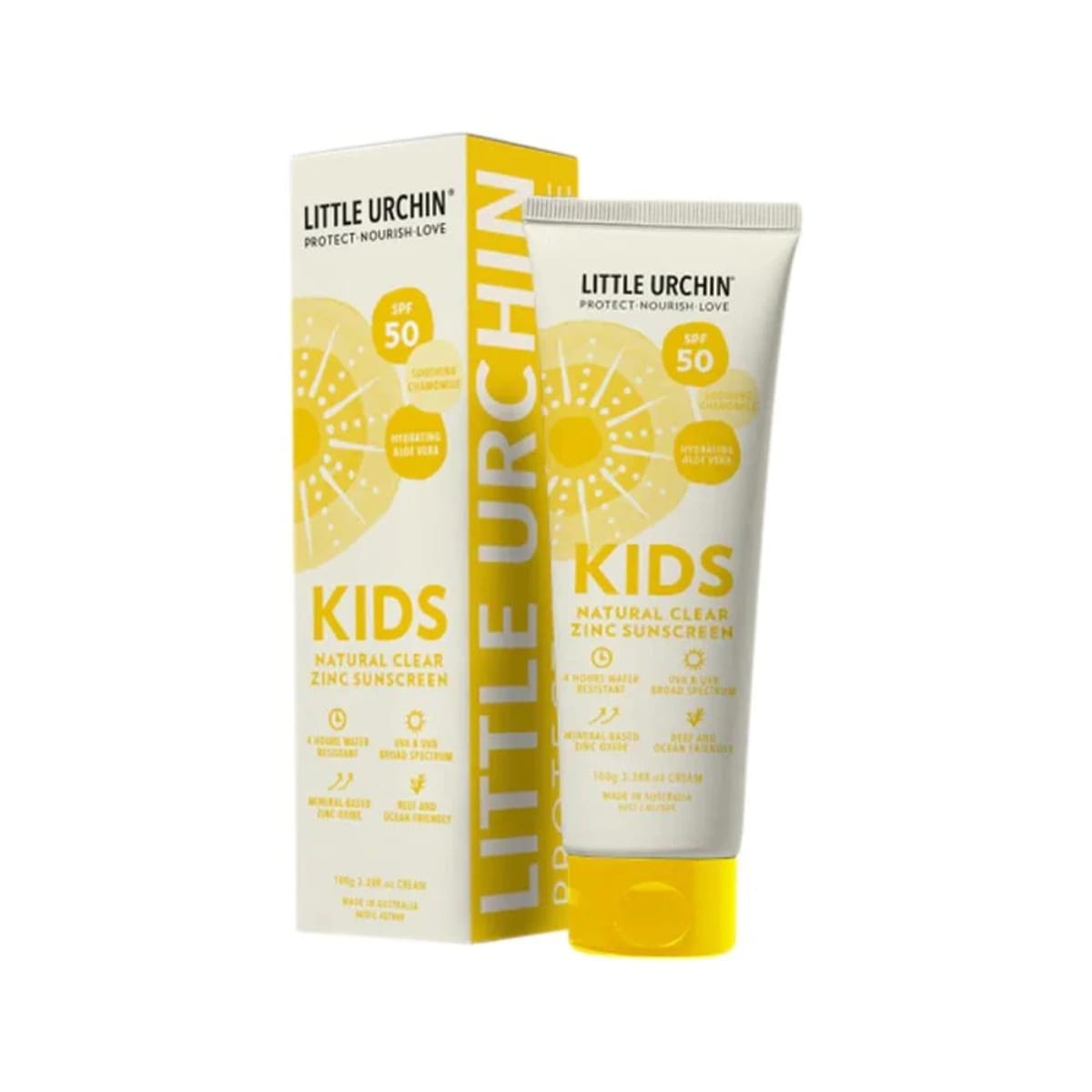 Little Urchin Kids Natural Clear Zinc Sunscreen SPF 50 tube and box