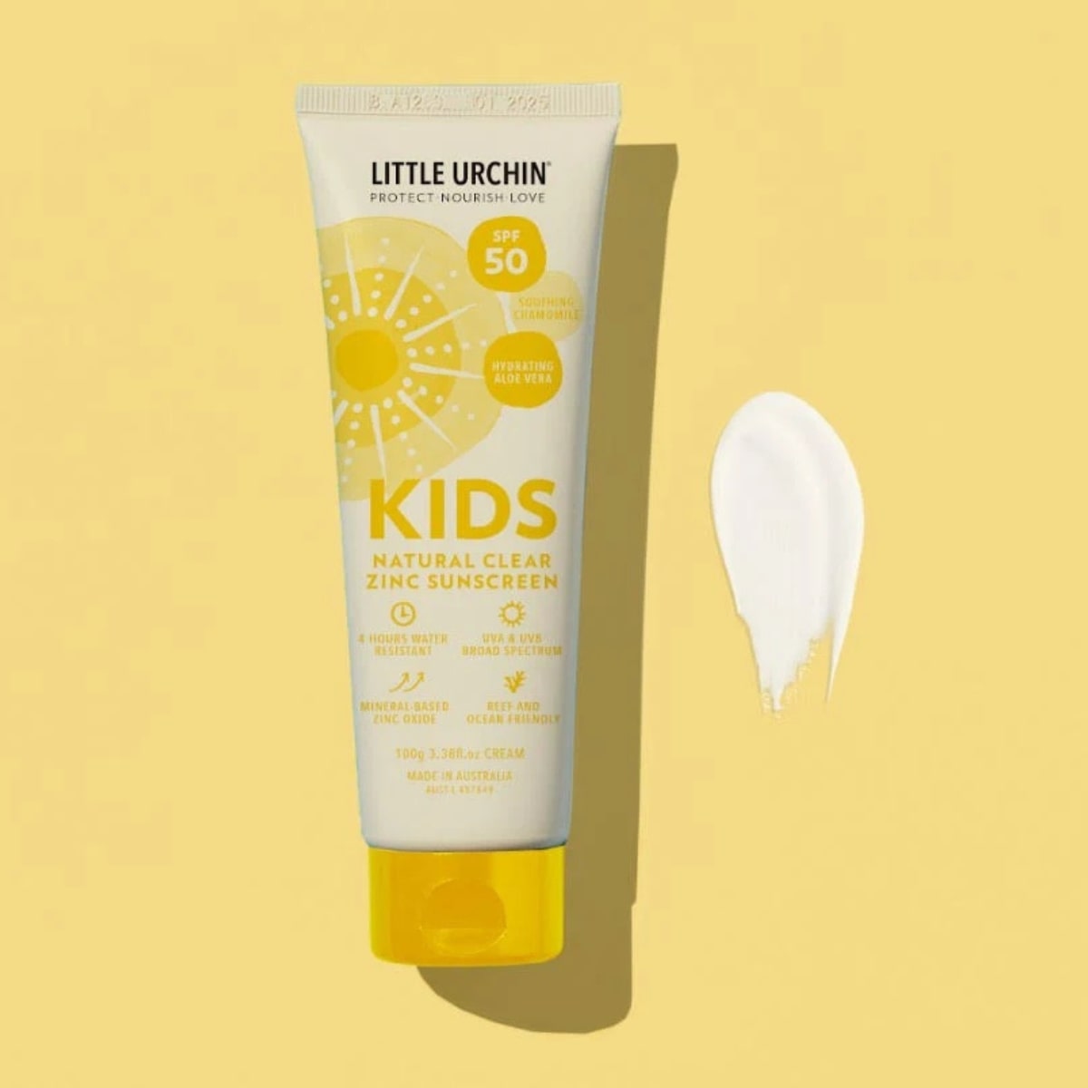 Little Urchin Kids Natural Clear Zinc Sunscreen SPF 50 tube and sample