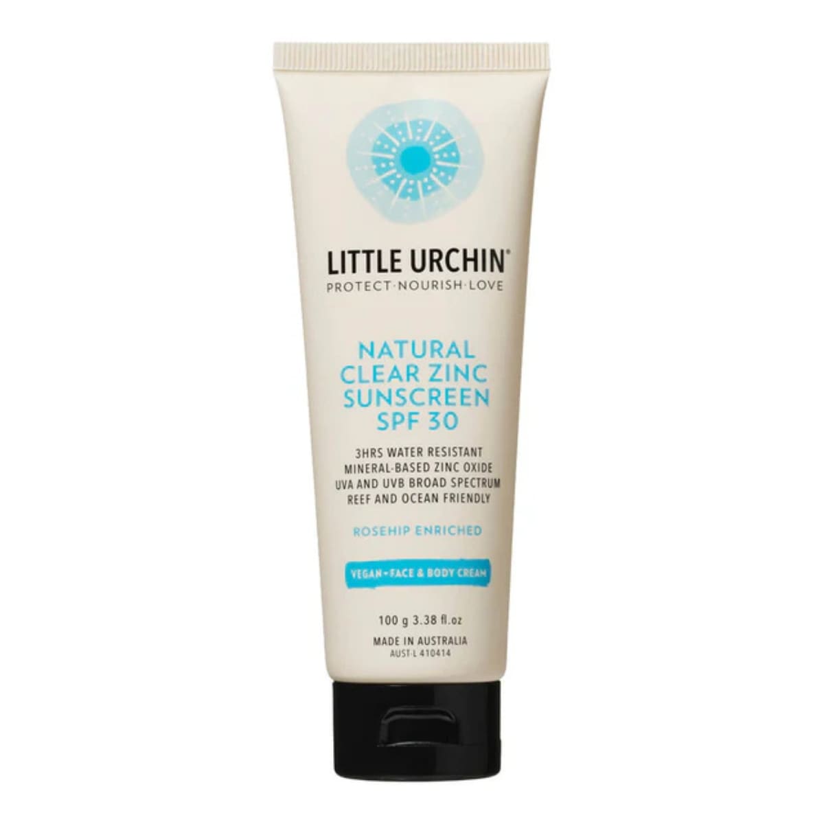 Little Urchin Natural Clear Zinc Sunscreen SPF 30 100g tube.