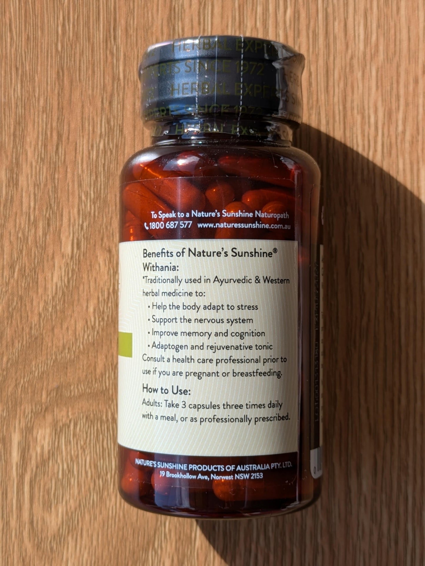 Nature's Sunshine Withania (Ashwagandha) 355mg 100 capsules. back.