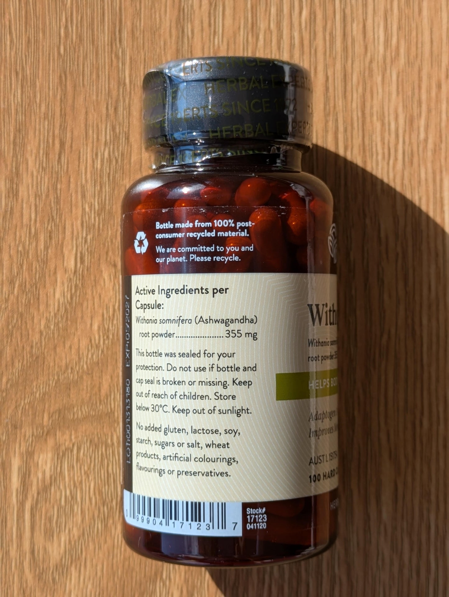 Nature's Sunshine Withania (Ashwagandha) 355mg 100 capsules. side.