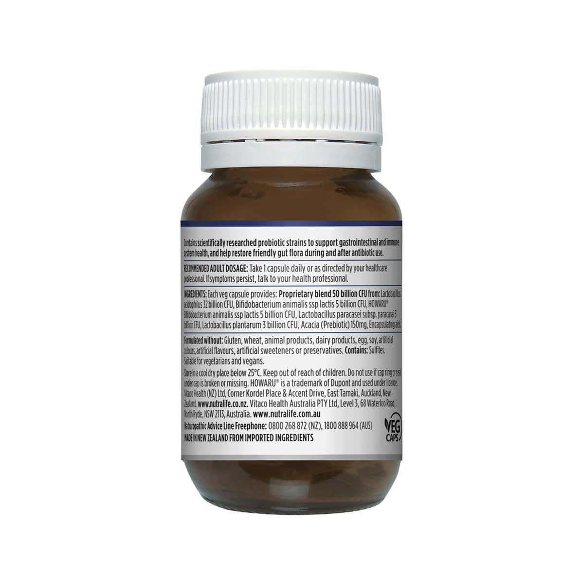 NutraLife ProBiotica High Potency (50 Billion) 30 capsules. Back of bottle.