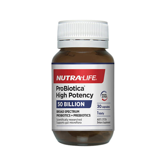 NutraLife ProBiotica High Potency (50 Billion) 30 capsules. Front of bottle.