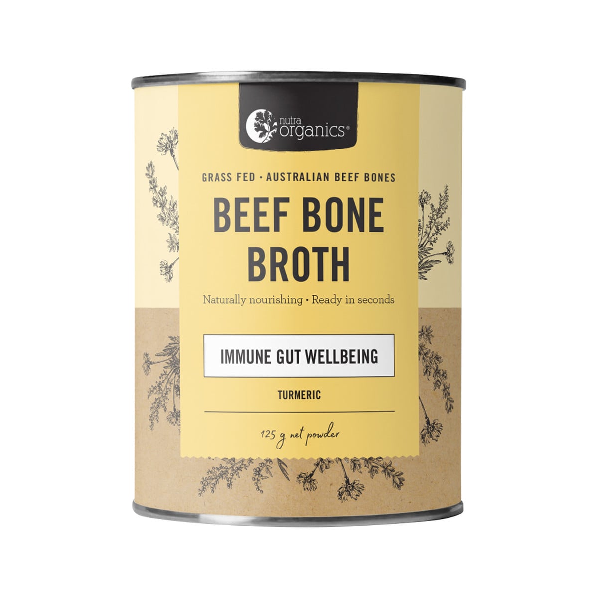 Nutra Organics Bone Broth Beef Turmeric 125g container.