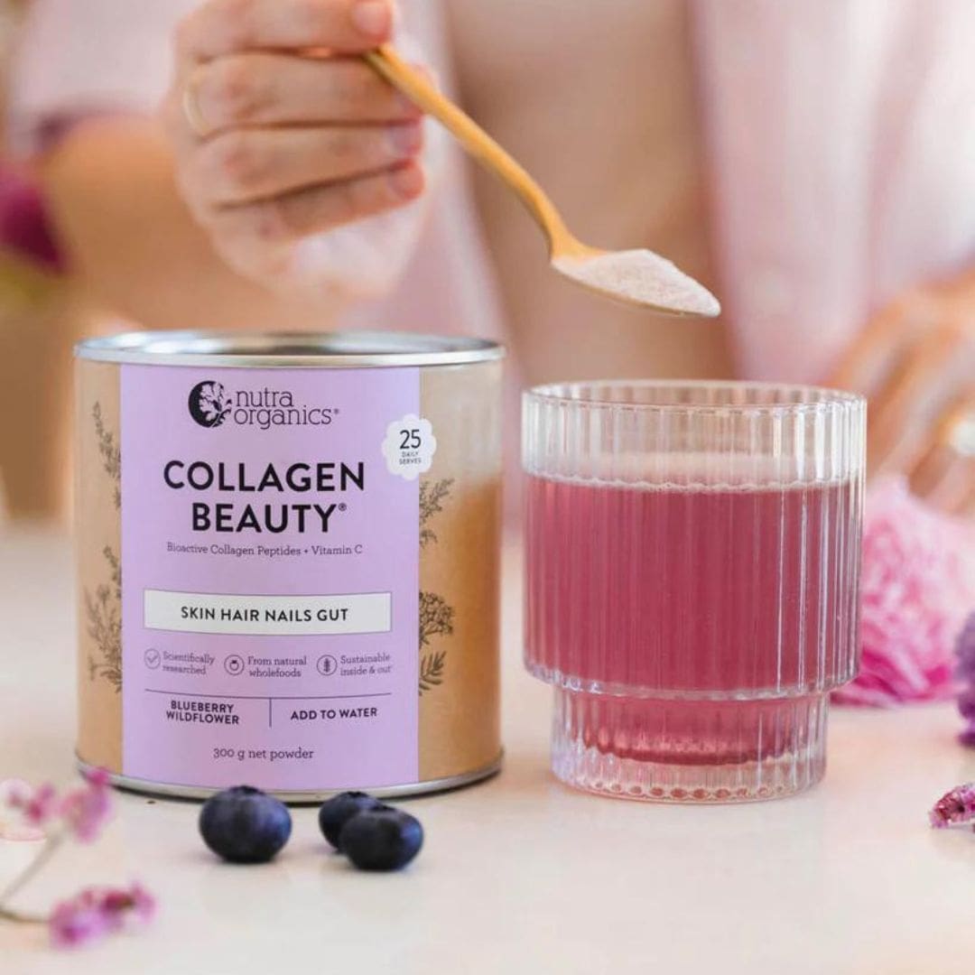 Nutra Organics Collagen Beauty Blueberry Wildflower 225g mixed in water