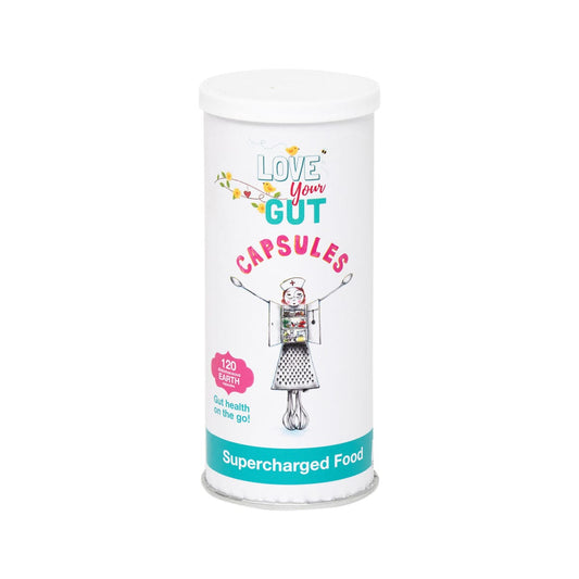 Supercharged Food Love Your Gut (Diatomaceous Earth) 120 Capsules container. Front.