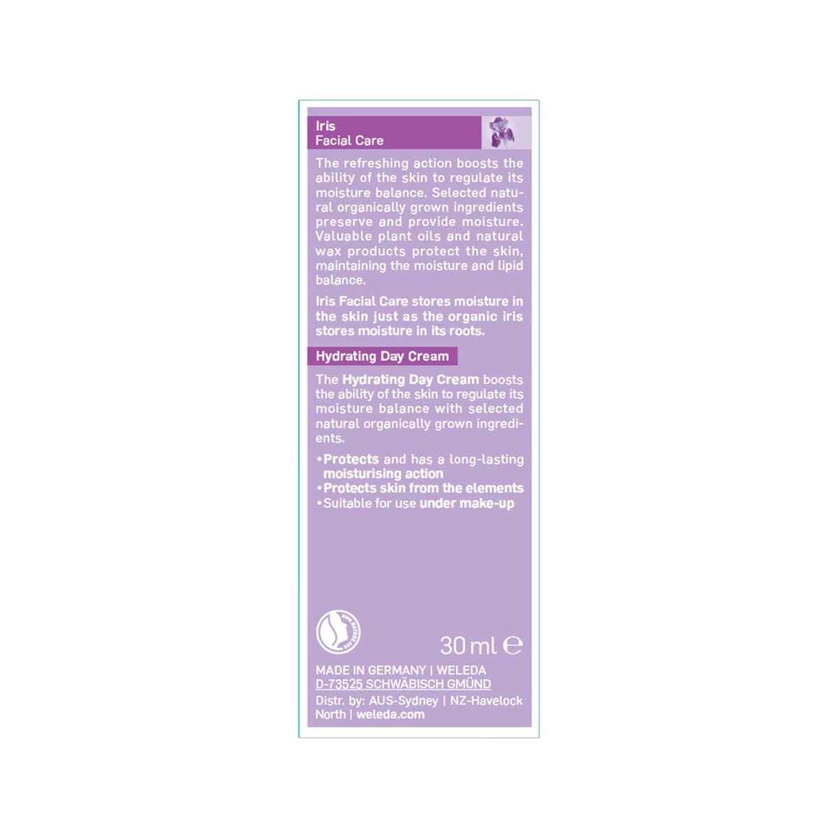 Weleda Organic Balancing Day Cream (Iris) 30ml box. Back.