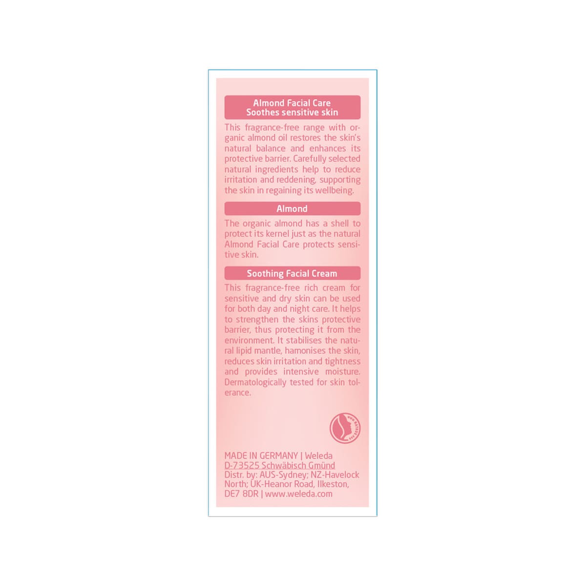 Weleda Organic Sensitive Facial Cream (Almond) 30ml box. Back.