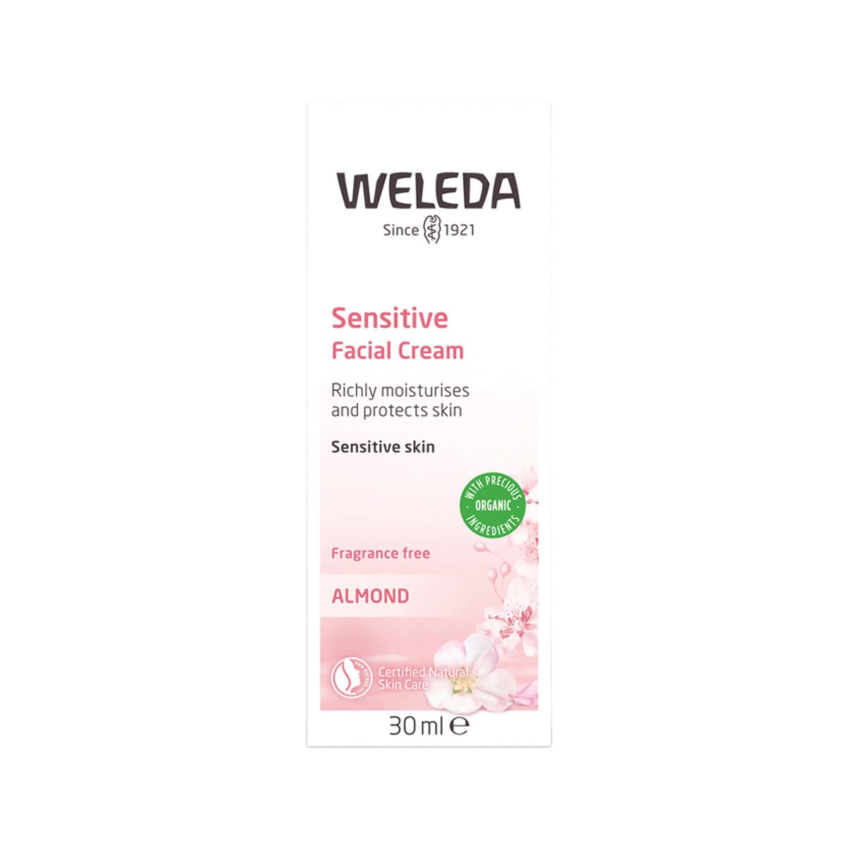 Weleda Organic Sensitive Facial Cream (Almond) 30ml box. Front.