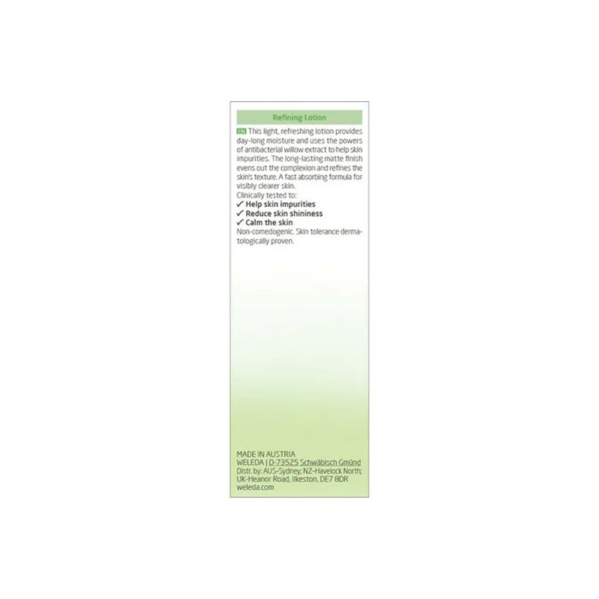 Weleda Blemished Skin Refining Lotion - Willow Bark 30ml back of box information