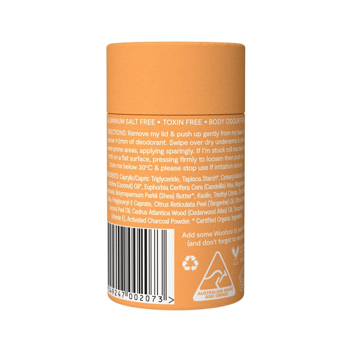 Woohoo Deodorant & Anti-Chafe Stick Tango (Sensitive Bicarb Free) 60g tube. Back.