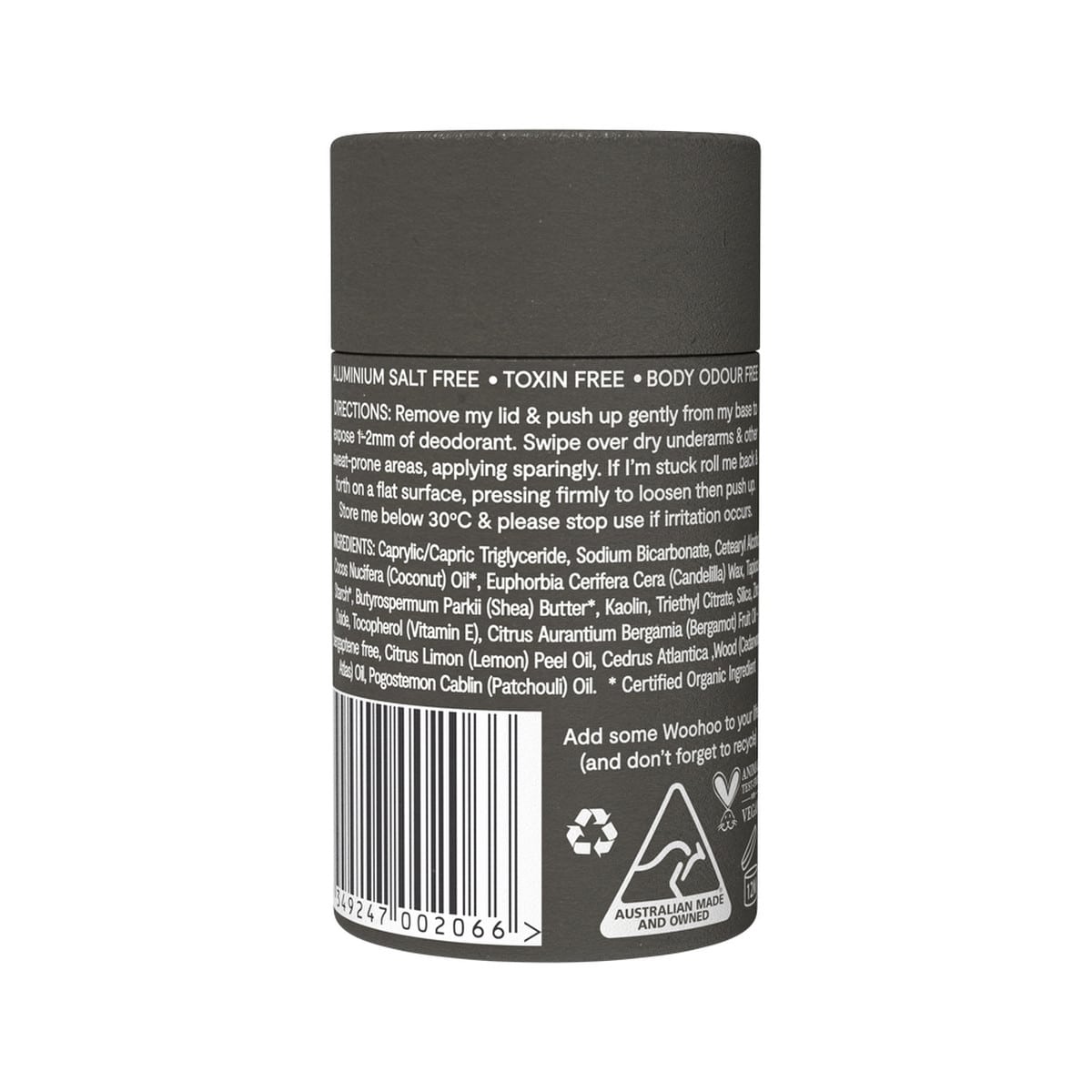 Woohoo Natural Deodorant & Anti-Chafe Stick Tux (Extra Strength) 60g tube. Back.