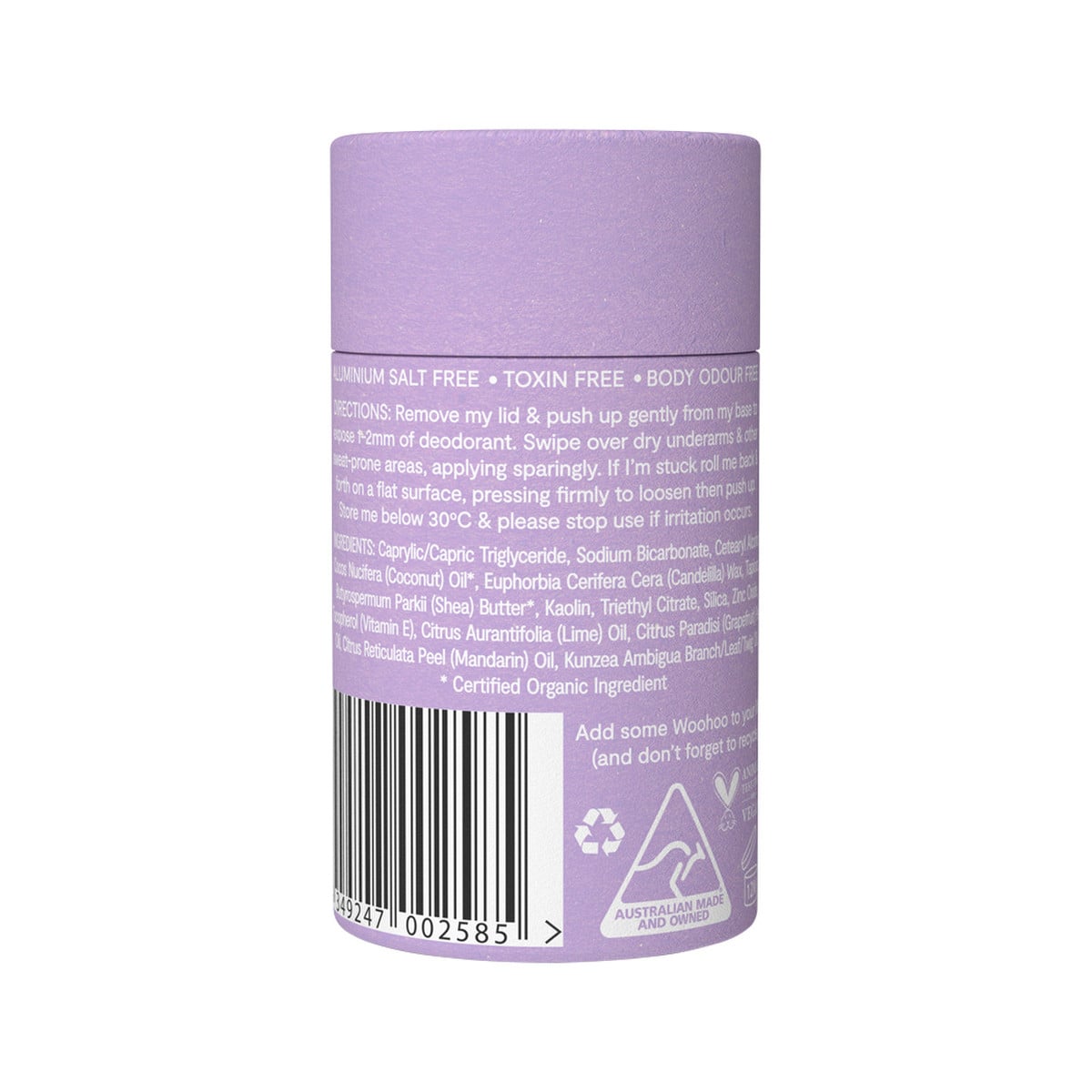 Woohoo Natural Deodorant & Anti-Chafe Stick Pop (Extra Strength) 60g tube. Back.