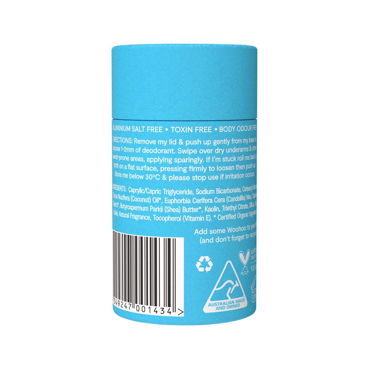 Woohoo Natural Deodorant & Anti-Chafe Stick Surf 60g tube. Back.