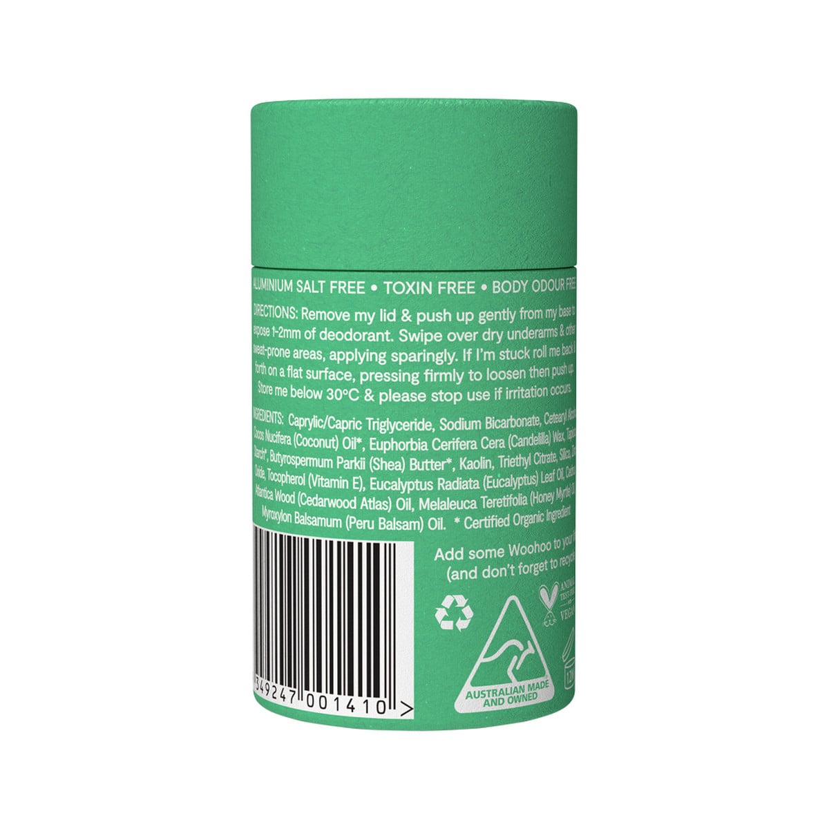 Woohoo Natural Deodorant & Anti-Chafe Stick Wild (Ultra Strength) 60g tube. Back.