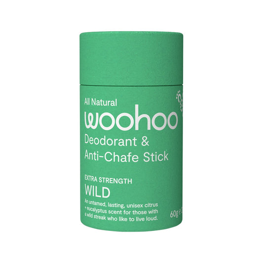 Woohoo Natural Deodorant & Anti-Chafe Stick Wild (Ultra Strength) 60g tube. Front.