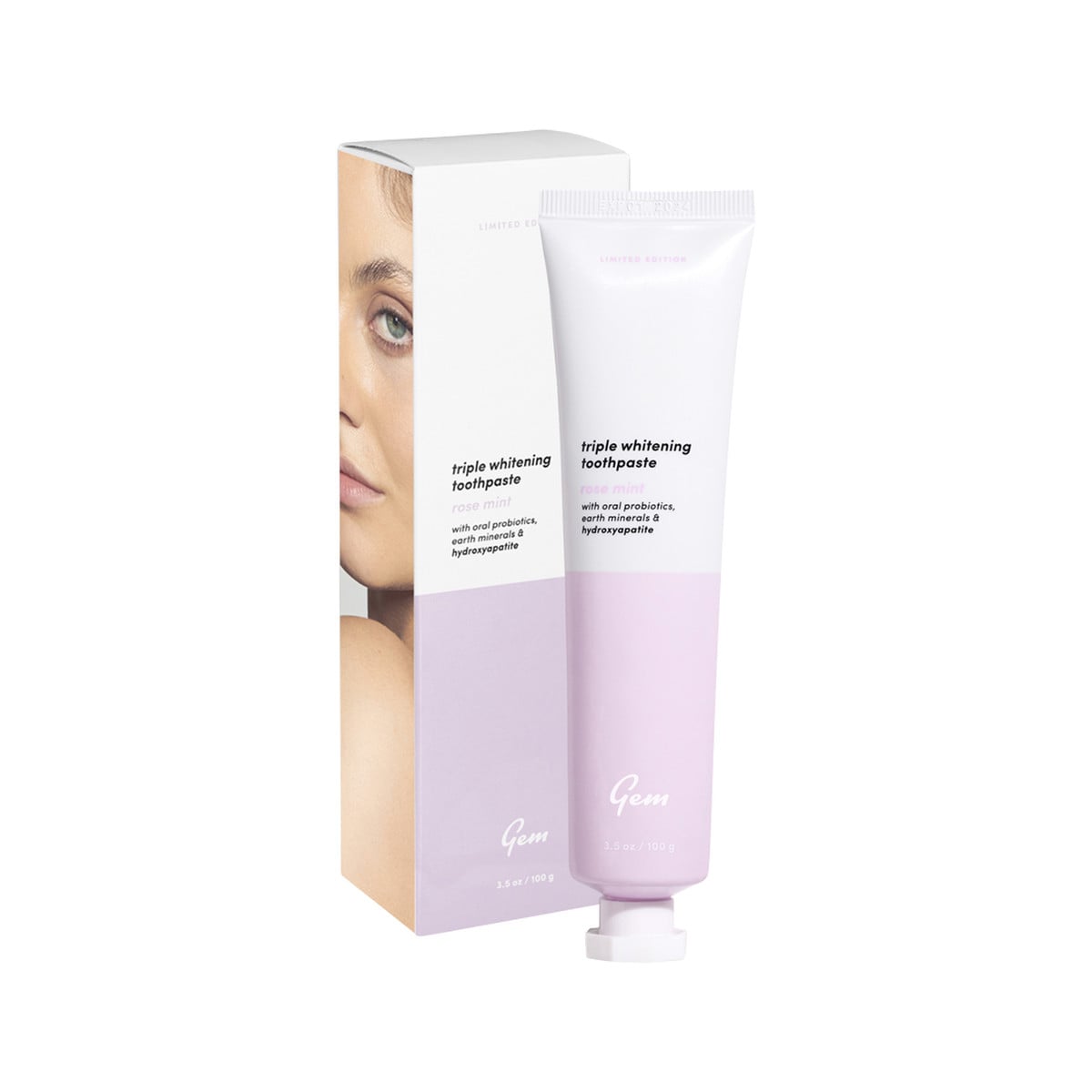 Gem Triple Whitening Toothpaste Rose Mint 100g. Box and tube.