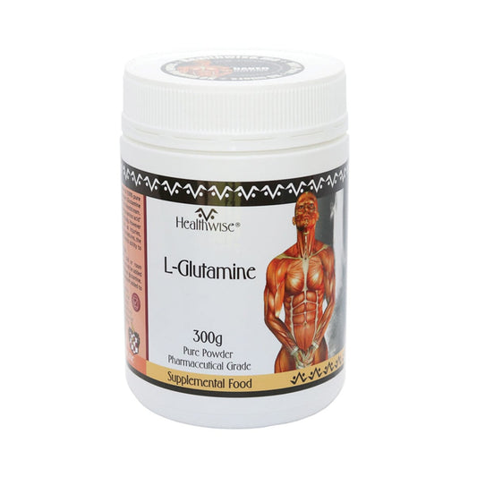 Healthwise L-Glutamine supplement container on a white background
