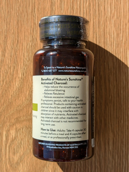 Nature's Sunshine Activated Charcoal 260mg 100 capsules. back.