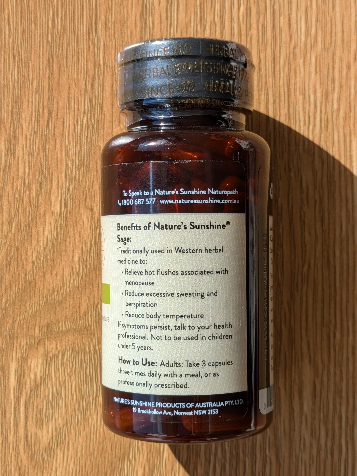 Nature's Sunshine Sage 400mg 100 capsules. back.