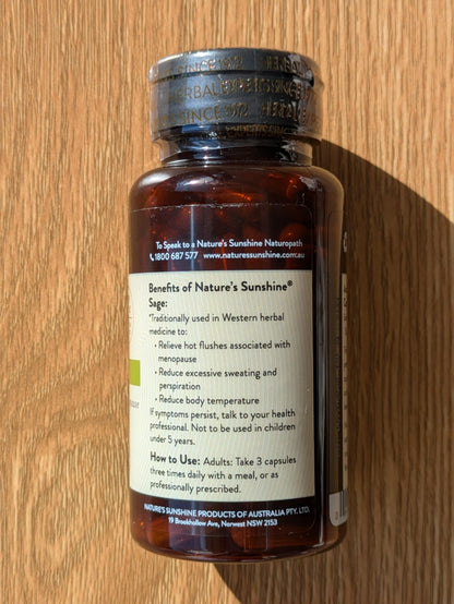Nature's Sunshine Sage 400mg 100 capsules. back.